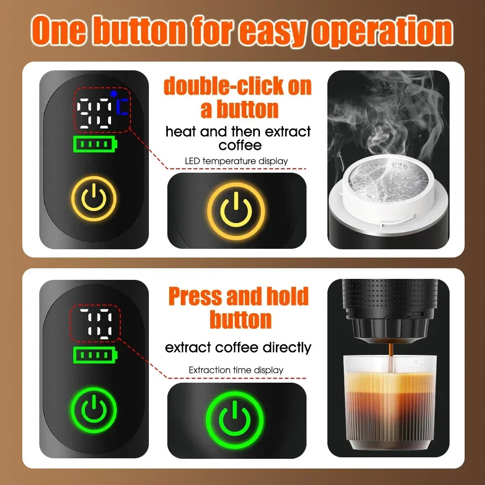 Máquina de Café Portátil 3 em 1 com Ecrã Digital | Cápsulas e Café Moído | Casa e Carro