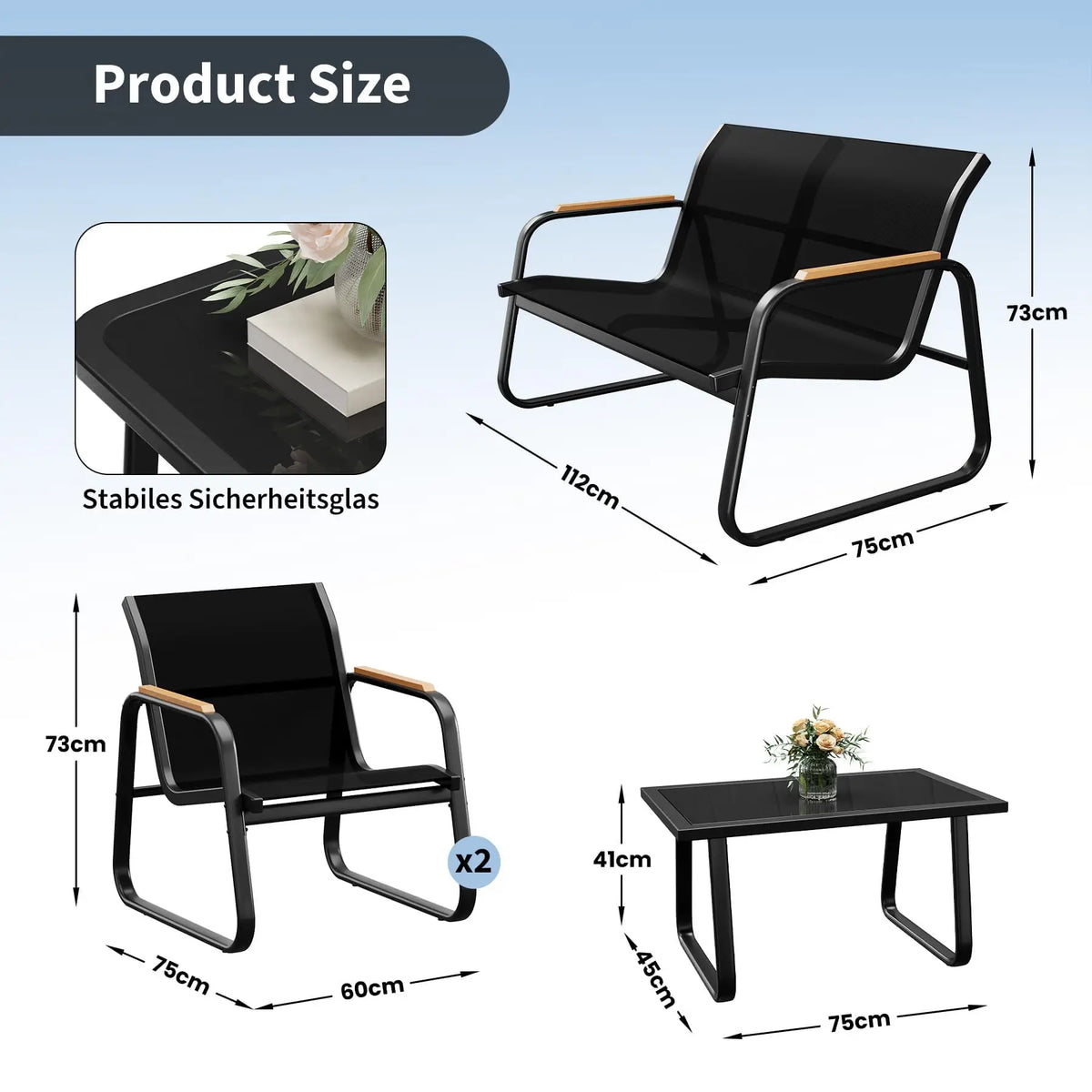 Steel Patio Sofa Set – 3/4-Piece Modern Outdoor Conversation Furniture with Double Sofa, 2 Armchairs & Glass Coffee Table – Durable Textilene for Garden Balcony Yard Poolside – Easy Assembly