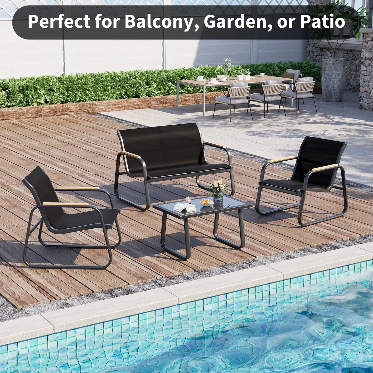 Steel Patio Sofa Set – 3/4-Piece Modern Outdoor Conversation Furniture with Double Sofa, 2 Armchairs & Glass Coffee Table – Durable Textilene for Garden Balcony Yard Poolside – Easy Assembly