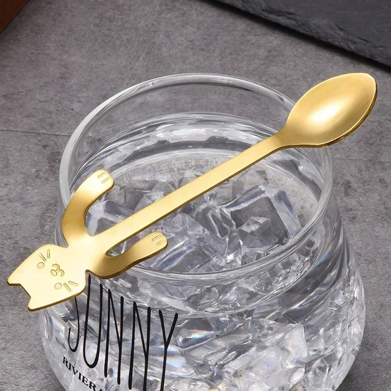 Stainless Steel Cat Coffee Spoon Mini Cute Cat Shaped Teaspoons Ice Cream Dessert Spoons Scoops Kitchen Tableware Gadgets