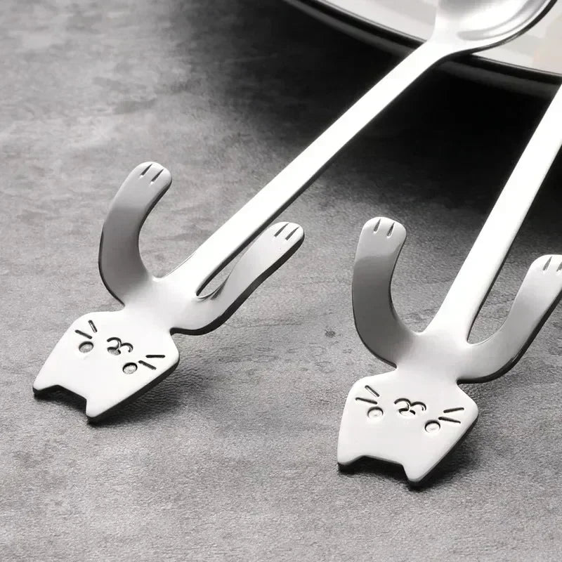 Stainless Steel Cat Coffee Spoon Mini Cute Cat Shaped Teaspoons Ice Cream Dessert Spoons Scoops Kitchen Tableware Gadgets
