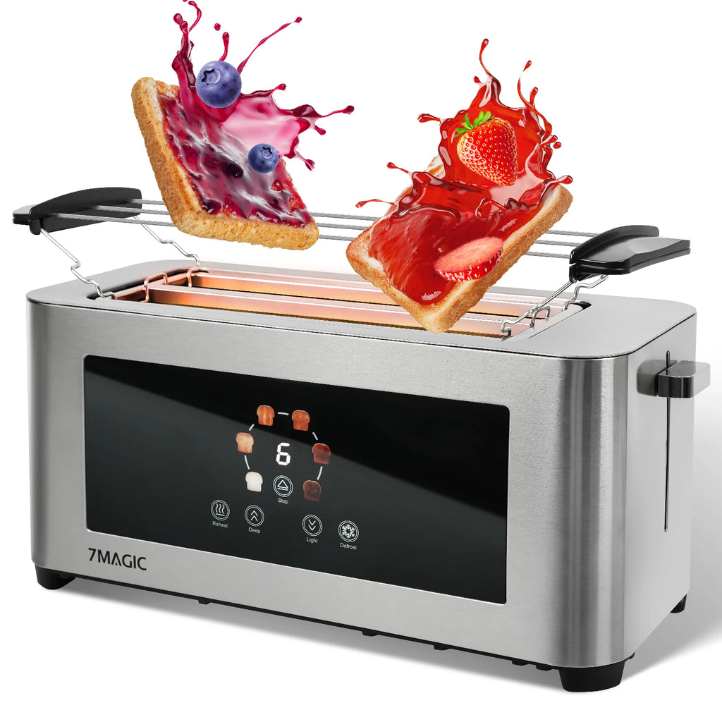 Toaster 1400W, stainless steel toaster, LCD touch display, 2 wide toast slots, 4 slices, 7 browning levels, bun holder,
