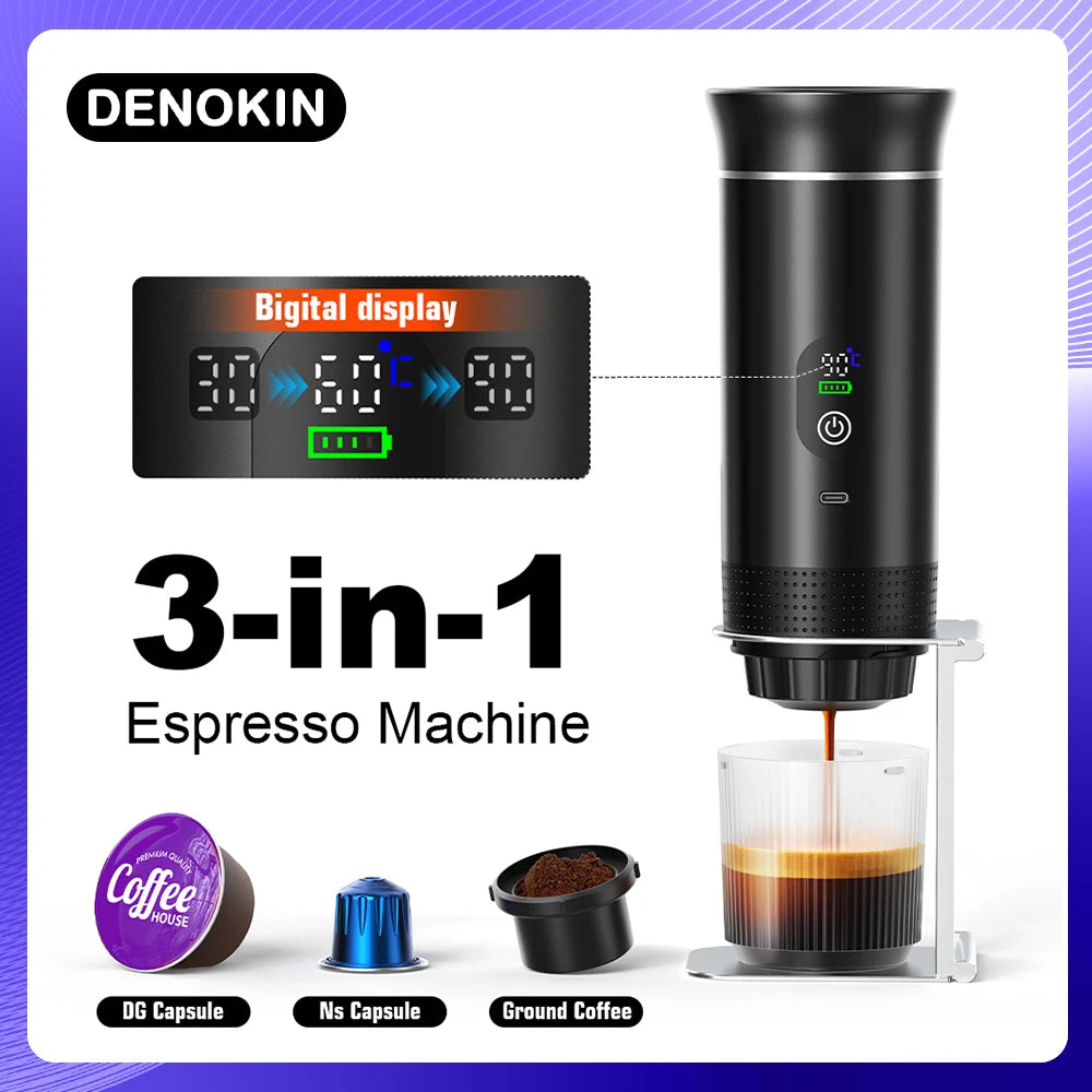 Máquina de Café Portátil 3 em 1 com Ecrã Digital | Cápsulas e Café Moído | Casa e Carro