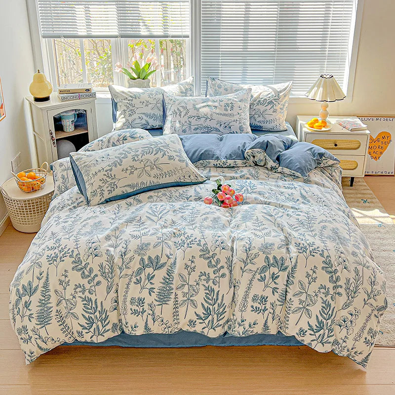 American Pastoral Floral Printed Bedding Set Soft Skin-Friendly Double King Size Duvet Cover Set with Flat Sheet and Pillowcases