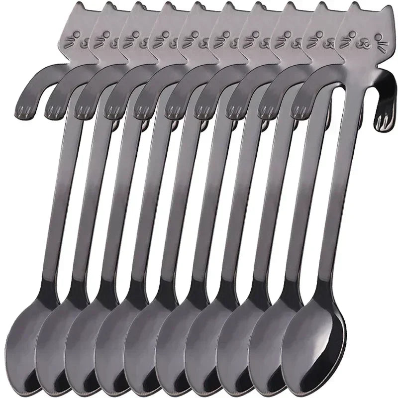 Stainless Steel Cat Coffee Spoon Mini Cute Cat Shaped Teaspoons Ice Cream Dessert Spoons Scoops Kitchen Tableware Gadgets