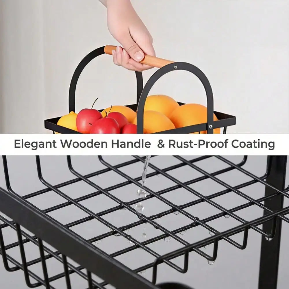 2-Tier Fruit Basket with Wooden Handle, Portable Kitchen Countertop Fruit Holder, Multi-Purpose Storage for Kitchen, Livingroom