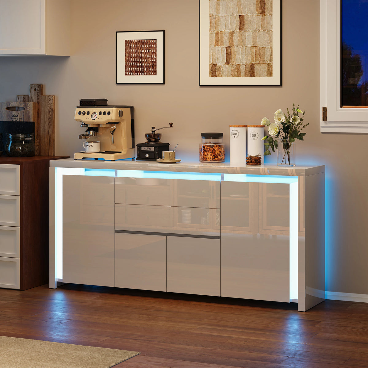 Sideboard High Gloss White Kitchen Storage Cabeint with Drawers and Doors,Modern Sideboard with Door and Drawers,Buffet Cabinet,Chest of Drawers for Kicthen,Living Room