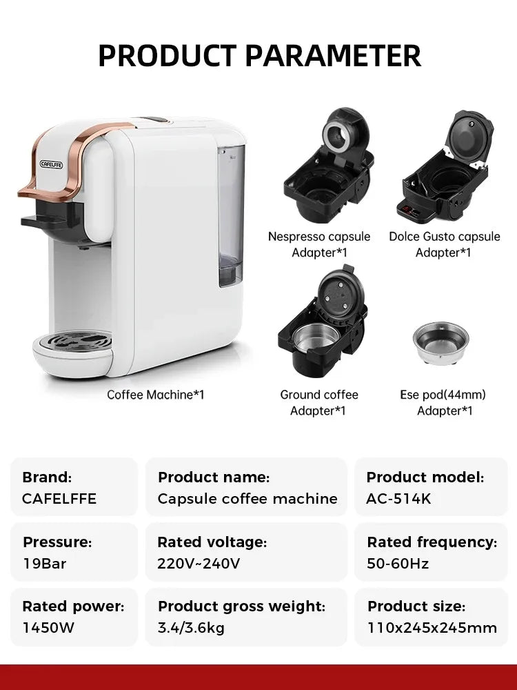Cafelffe Multiple Capsule Coffee Machine 4 in 1 Hot/Cold DG Cappuccino Nespresso Capsule ESE Pod Ground Espresso Cafeteria 19Bar