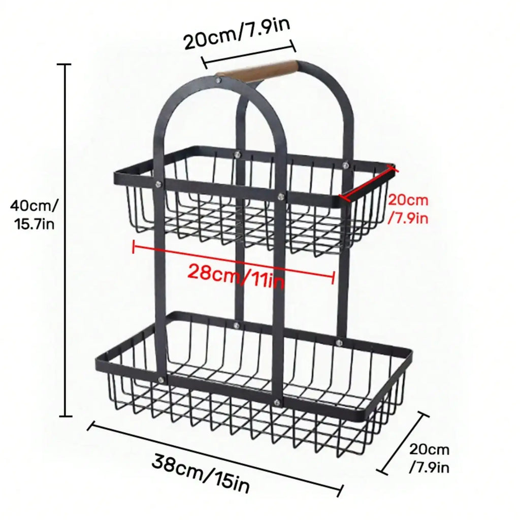 2-Tier Fruit Basket with Wooden Handle, Portable Kitchen Countertop Fruit Holder, Multi-Purpose Storage for Kitchen, Livingroom