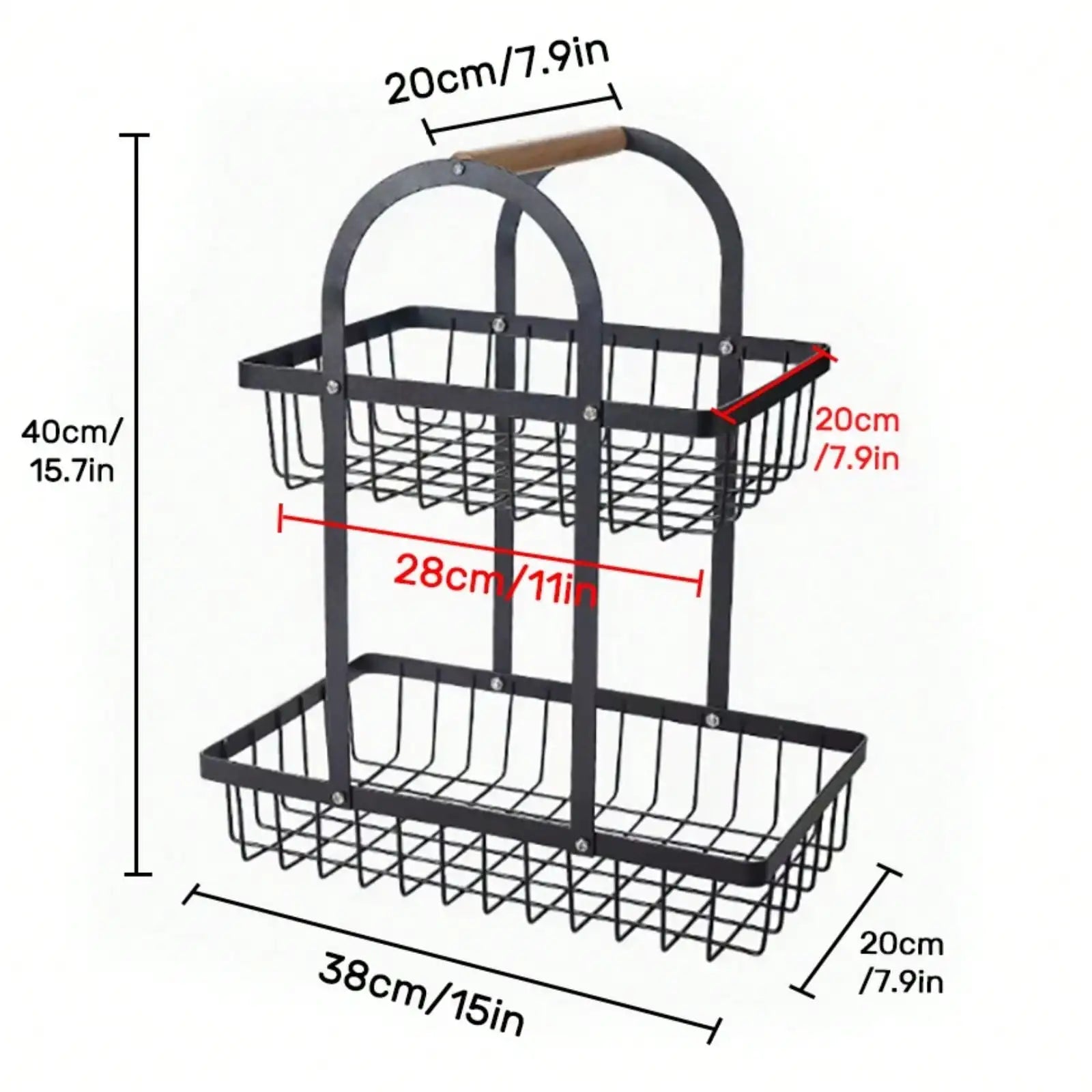2-Tier Fruit Basket with Wooden Handle, Portable Kitchen Countertop Fruit Holder, Multi-Purpose Storage for Kitchen, Livingroom