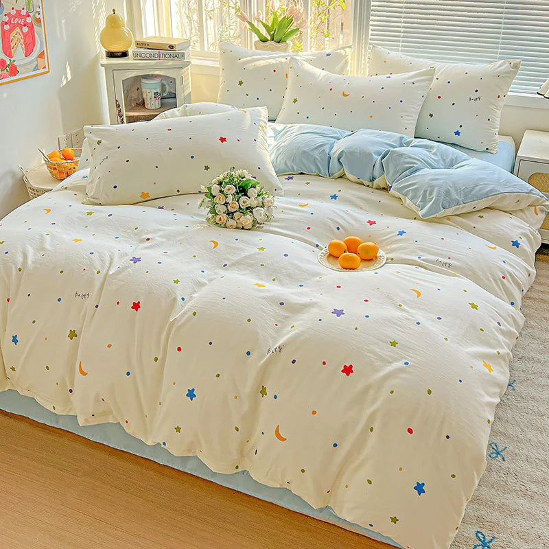 American Pastoral Floral Printed Bedding Set Soft Skin-Friendly Double King Size Duvet Cover Set with Flat Sheet and Pillowcases